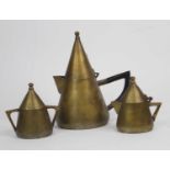 An Art Deco brass three piece teaset, largest height 21cm (3)