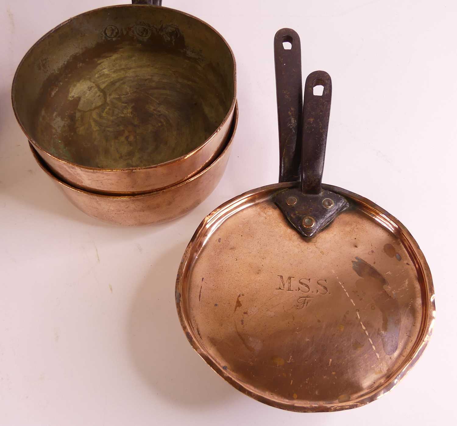 A large 19th century copper saucepan having riveted wrought iron handle, dia. 36cm, together with - Image 3 of 10