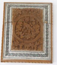 An Indian carved sandalwood and Vizagapatam card case, with ivory stringing, h.10.5cm Ivory