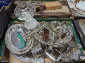 Mixed silver plated wares, to include table candlesticks and a table cruet set