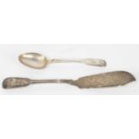 A 19th century silver fish knife; together with a Victorian silver teaspoon, 2.8ozt