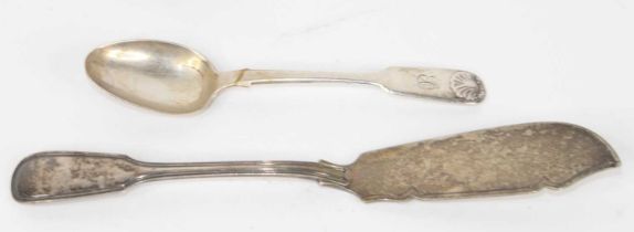 A 19th century silver fish knife; together with a Victorian silver teaspoon, 2.8ozt