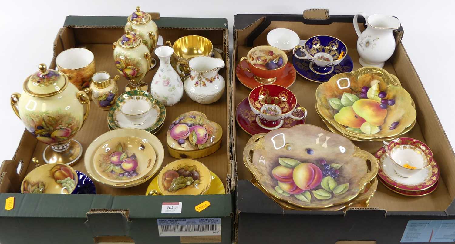 Two boxes of miscellaneous cabinet china to include Aynsley vase & cover of twin handled form,