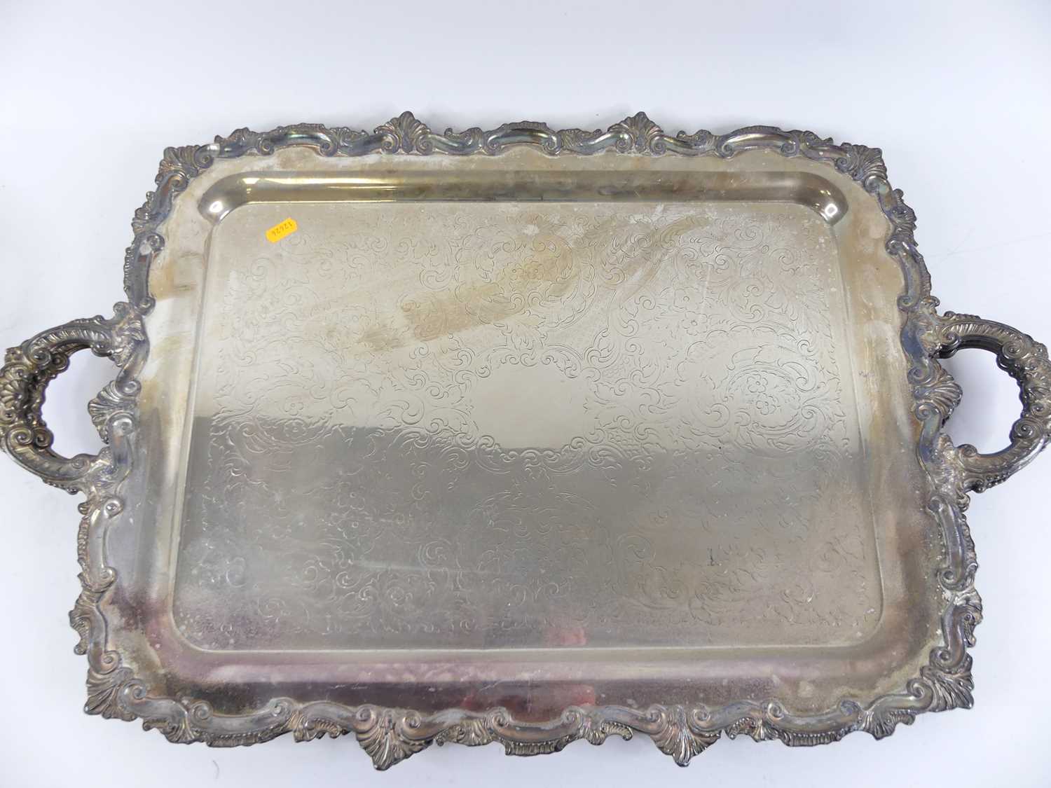 A pair of silver plated serving trays, having twin handles and scrolled borders, w.76cm; together - Image 3 of 3