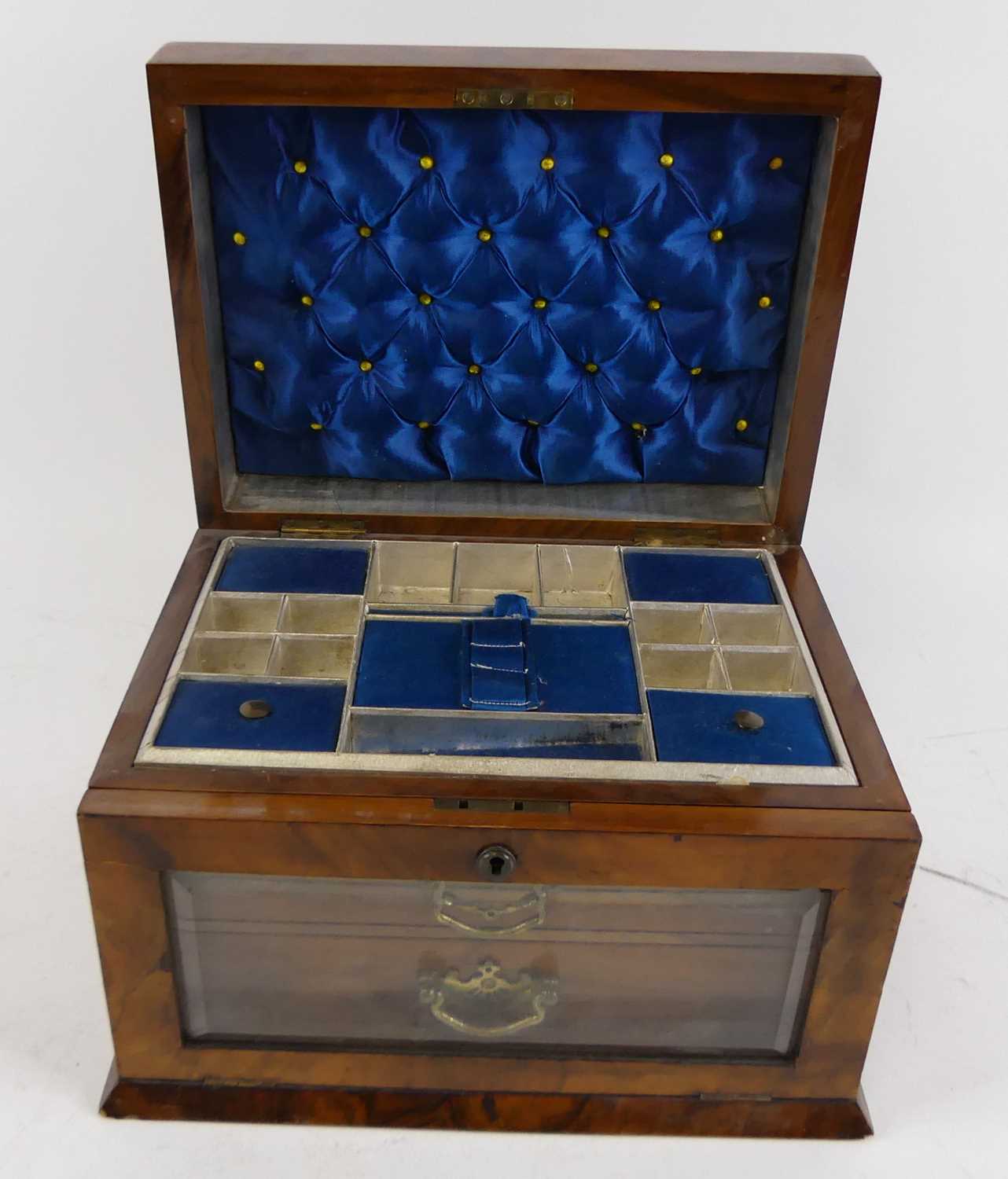A Victorian walnut jewellery box, having a Brahma type lock and fitted interior, width 29cm No key & - Image 2 of 9