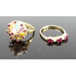 An 18ct gold, ruby and cz set half hoop ring, size M/N; together with a 14ct gold multi-stone set
