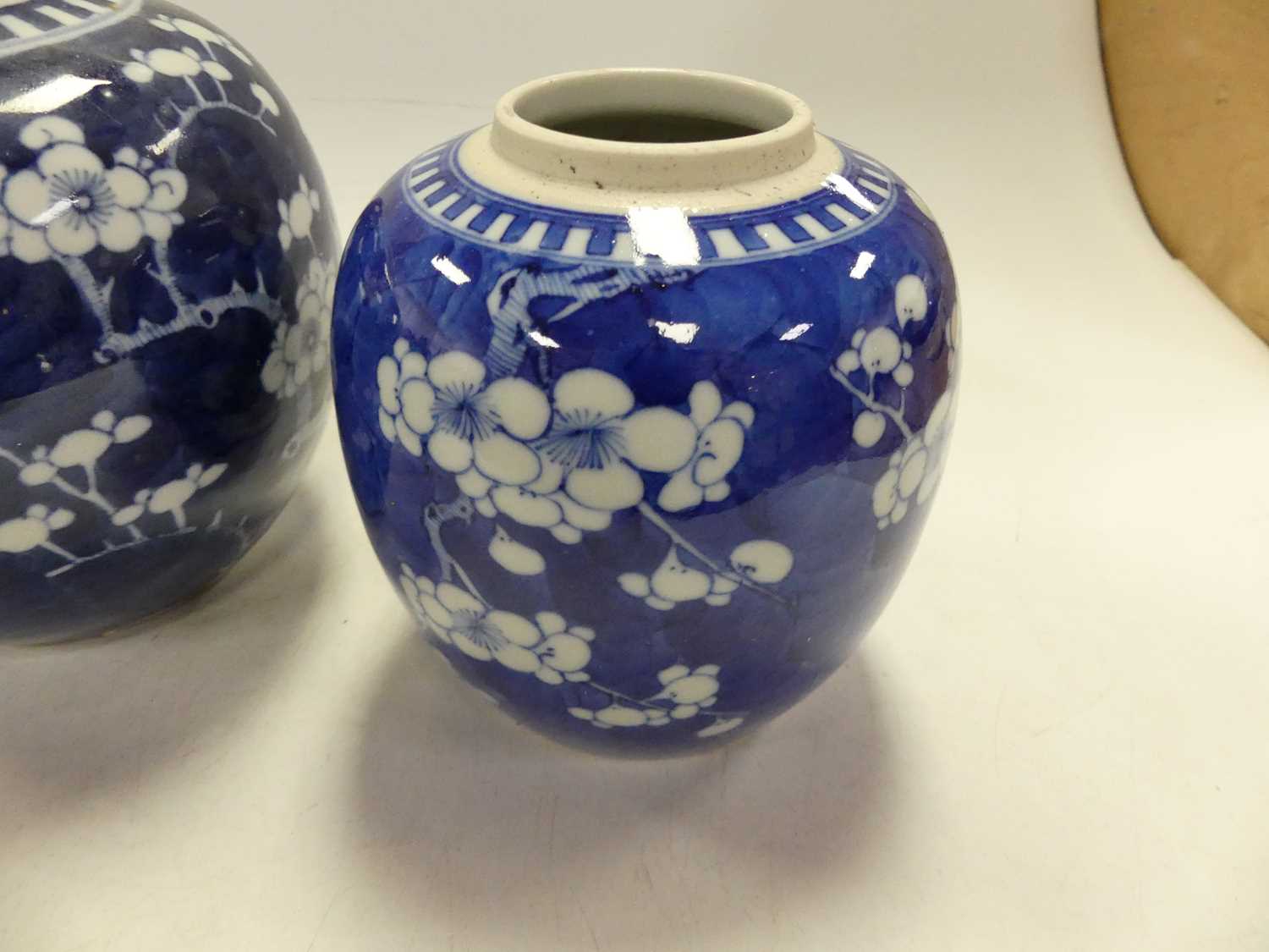 A graduated matched set of three Chinese blue and white prunus vases, the largest h.14cm Lacking - Image 4 of 7