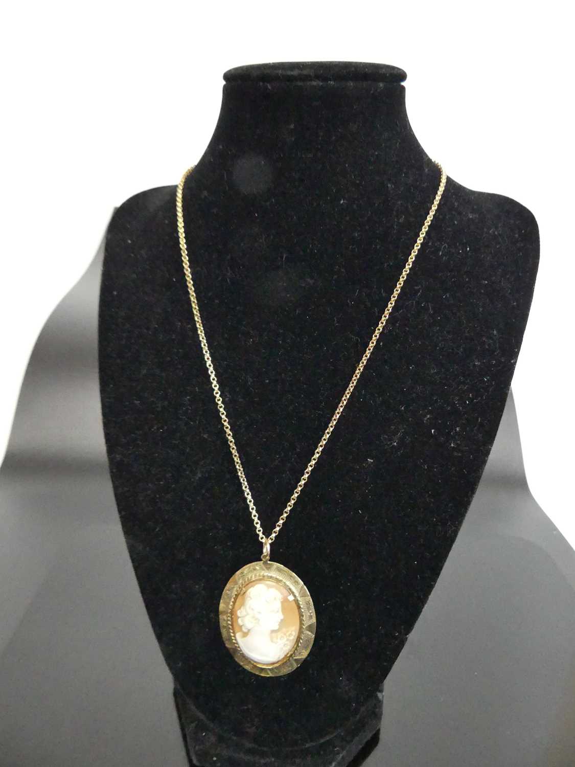 A carved shell cameo pendant in 9ct gold mount, cameo dimensions 32 x 24mm, on 9ct gold belcher link - Image 2 of 2