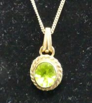 A 9ct gold and green peridot set pendant, on finelink neck chain, 7.2g