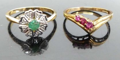 An 18ct gold, emerald and diamond point set flower head cluster ring, 3g, size O; together with a