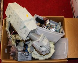 A tray containing Star Wars related action figures and others to include a model of a At-At, novelty