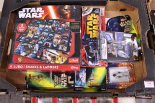Two trays containing Star Wars related novelties and others to include R2D2 shaped puzzle, Star Wars