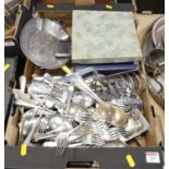 A collection of silver plated items to include flat wares, cigarette case, antler handled cutlery,