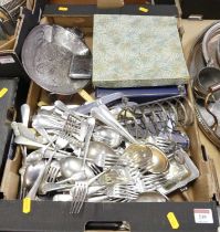 A collection of silver plated items to include flat wares, cigarette case, antler handled cutlery,