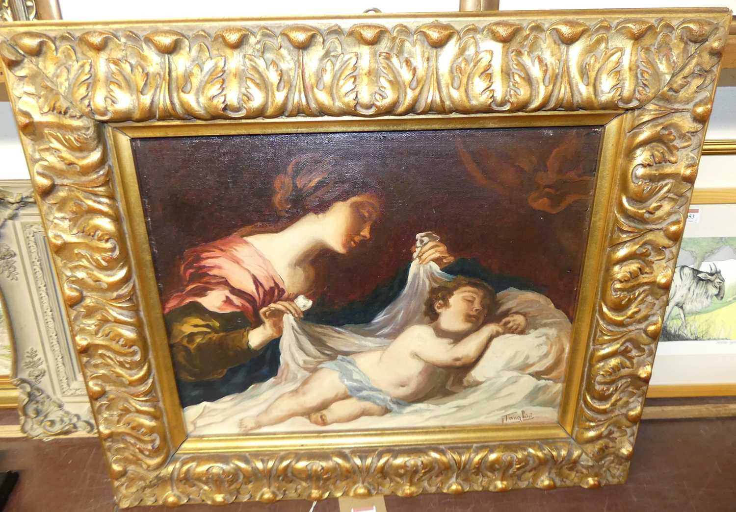 After Annibale Carracci - Bedtime, oil on artist board, bears signature Tonghini lower right, 38 x