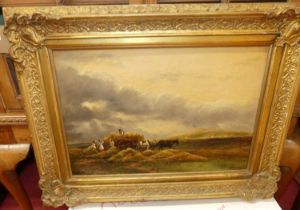 19th century English school - Loading the haycart under heavy skies, oil on canvas, 35 x 51cm