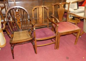 An early 19th century fruitwood splatback wide seat single elbow chair, together with an Edwardian