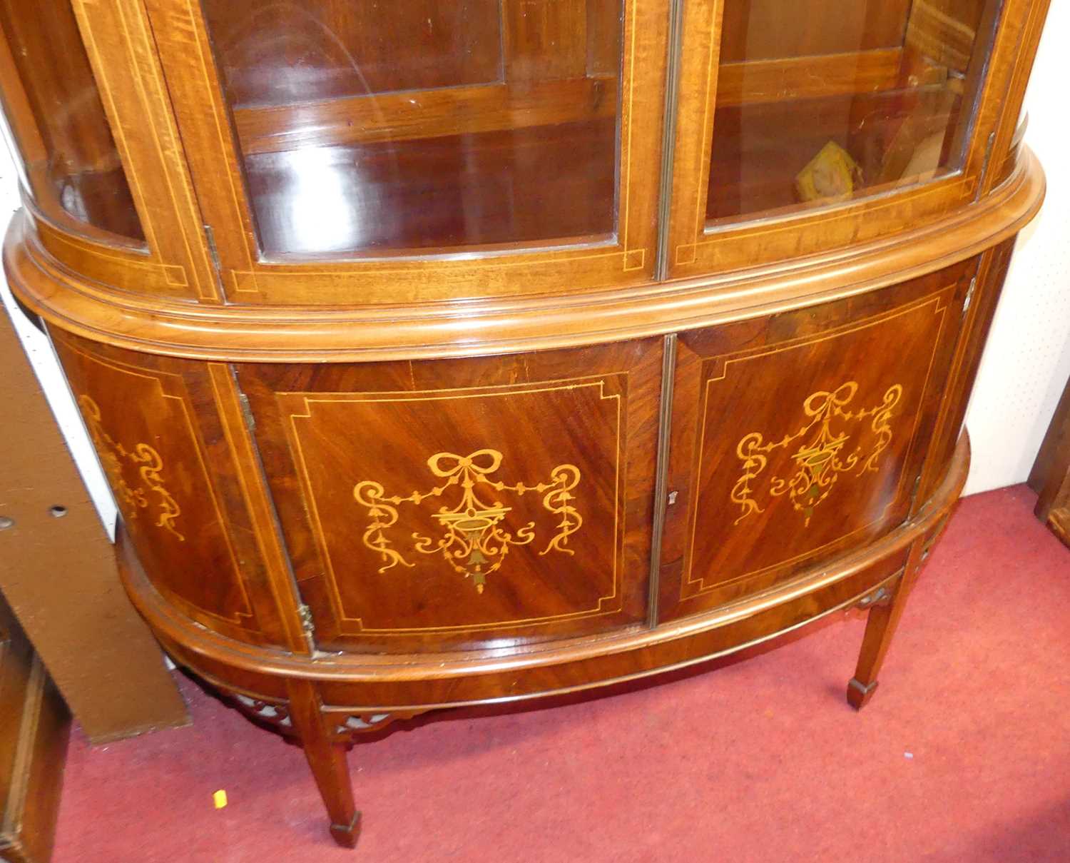 An Edwardian mahogany and floral satin wood inlaid demi-lune double door glazed china display - Image 3 of 3