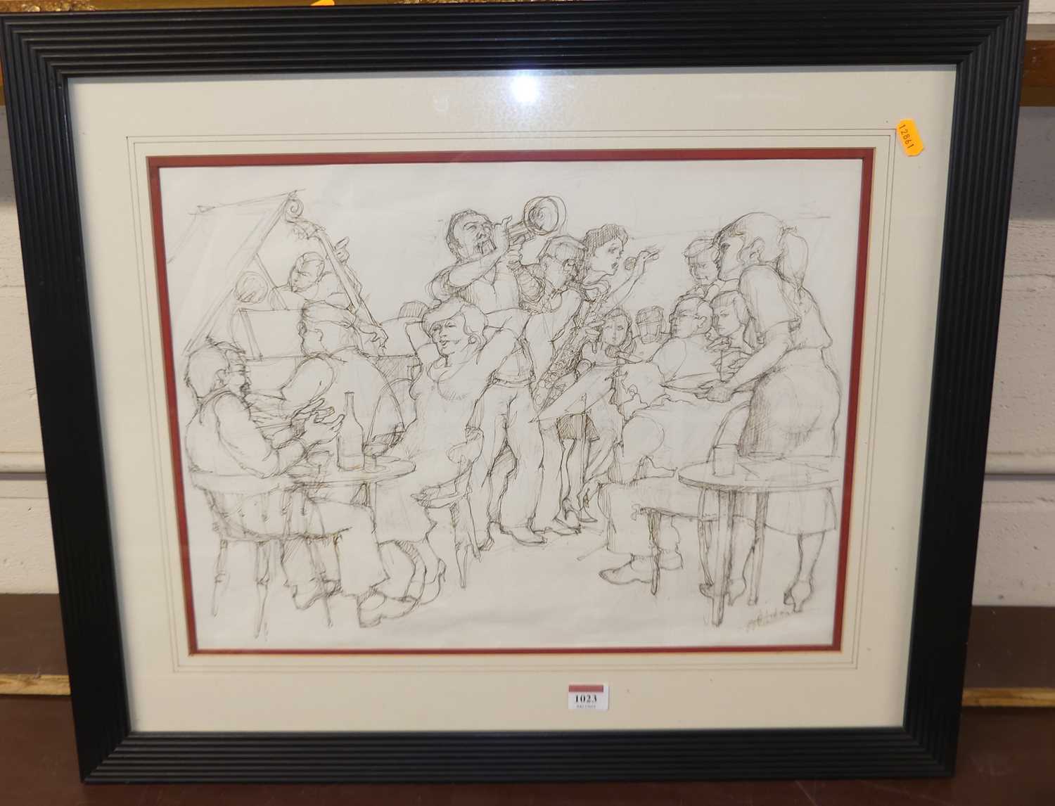 After W.B. Hinton - The band at the Hoste Arms, Burnham Market, pencil and ink sketch, 37 x 50cm