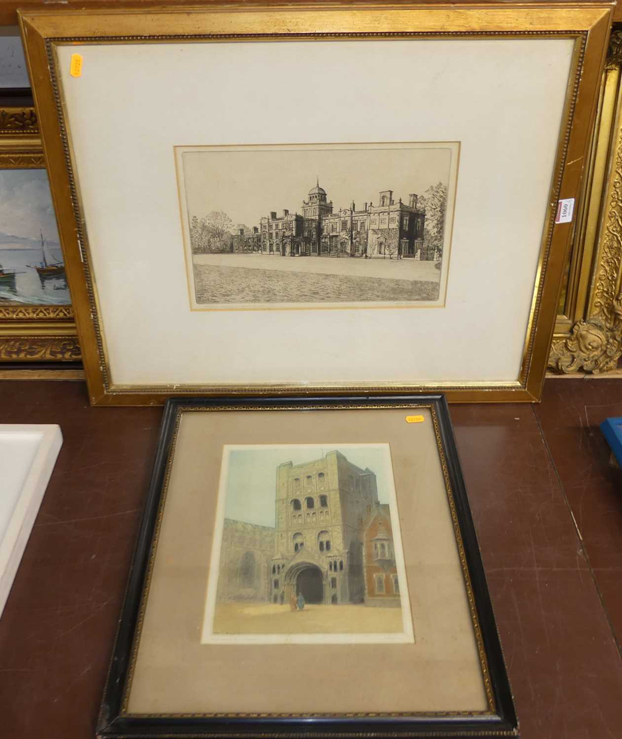 Alfred Blundell - Culford School etching, 22x34cm, together with Dorothy Sweet, Norman Gateway, Bury