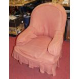 A Victorian rosewood framed and pink dralon upholstered open armchair; together with a Victorian tub