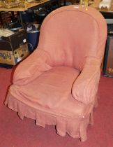 A Victorian rosewood framed and pink dralon upholstered open armchair; together with a Victorian tub