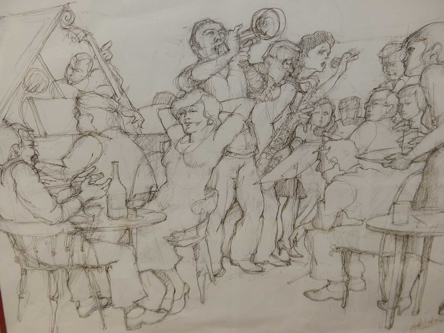 After W.B. Hinton - The band at the Hoste Arms, Burnham Market, pencil and ink sketch, 37 x 50cm - Image 3 of 4