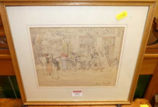 Mary Hogarth - Greek scene, ink and watercolour wash, signed lower right, 17 x 22cm