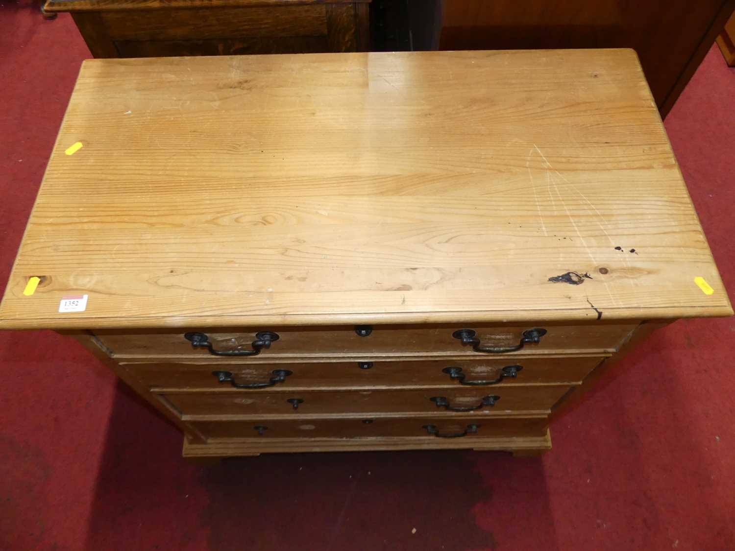 A pine chest of four long drawers on bracket supports, w.90cm Losses to handles and beading to edges - Image 2 of 4