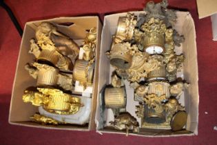 Two boxes of assorted gilt metal and alabaster mantel clocks, clock cases and parts, largely for
