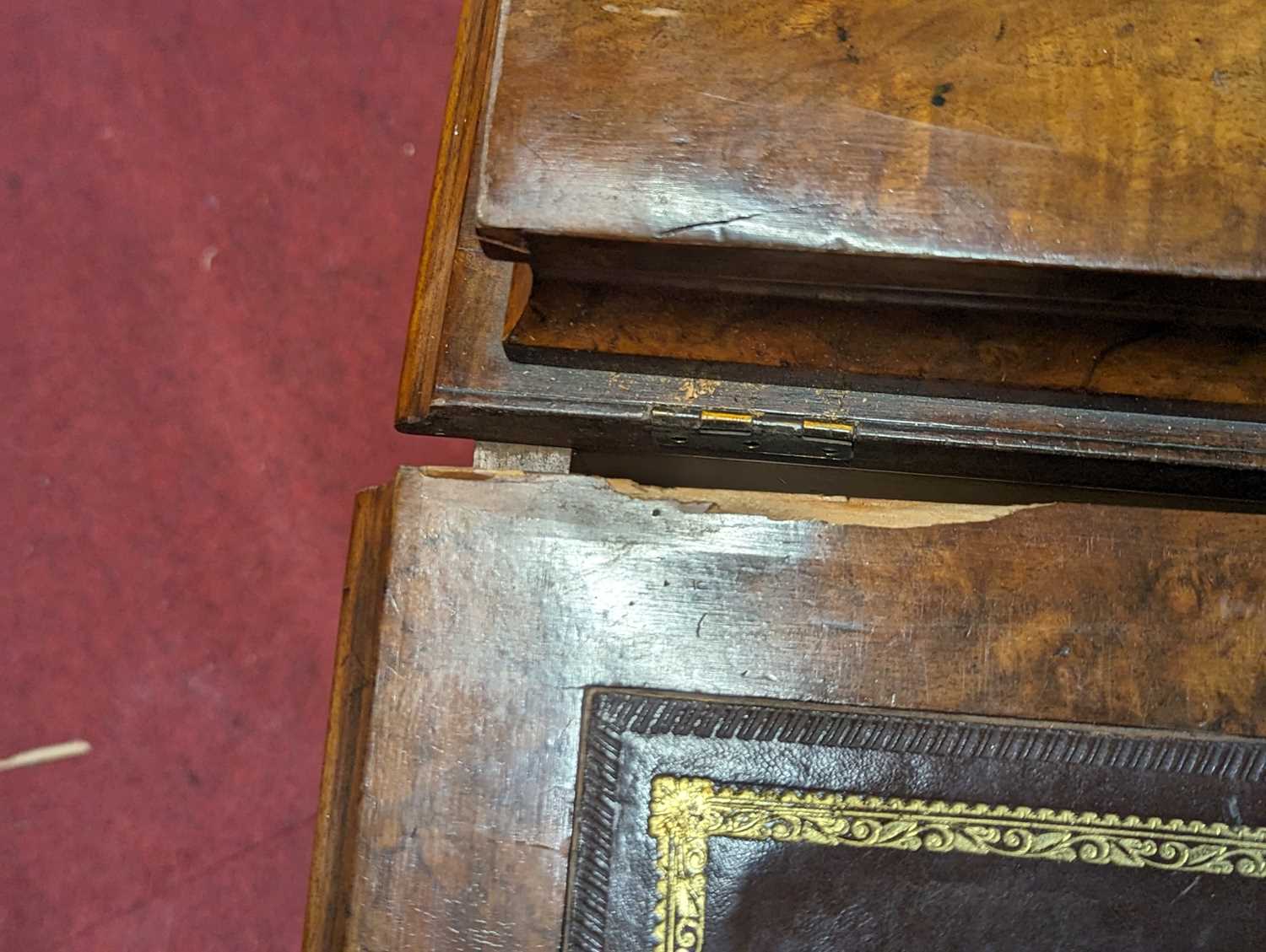 A mid-Victorian figured walnut slope front Davenport, having a gilt tooled tan leather inset - Image 3 of 4