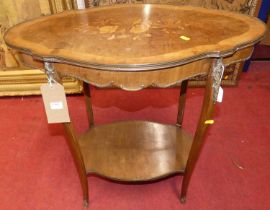A French mahogany, walnut, floral satinwood inlaid and further gilt metal mounted shaped top two-