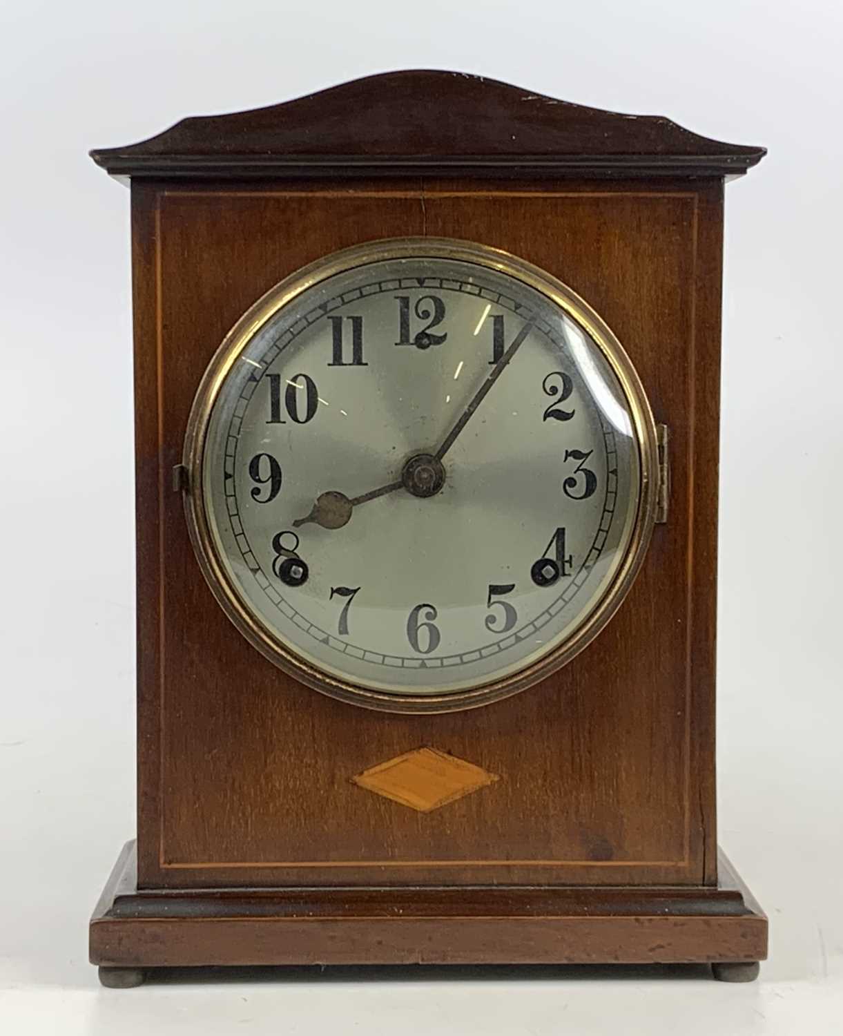 An Edwardian inlaid mahogany balloon shaped mantel clock, having unsigned silvered dial and spring- - Image 2 of 2