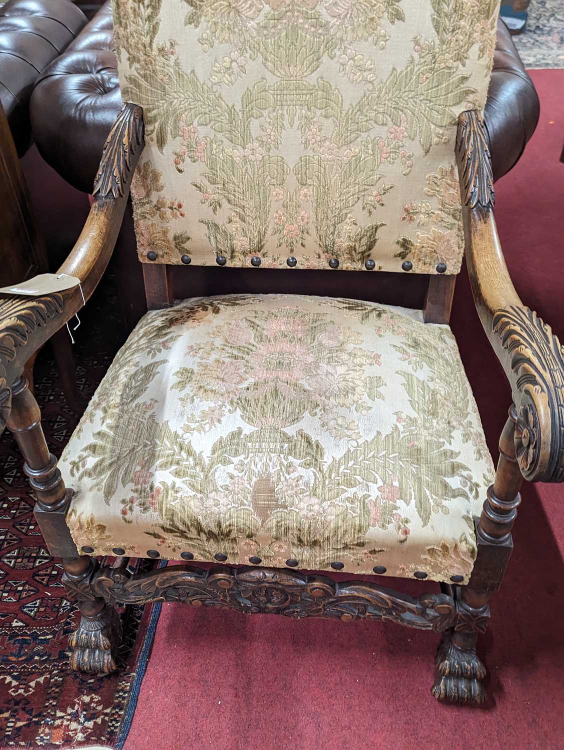 An early 20th century French walnut and acanthus leaf carved open armchair, having floral - Image 2 of 3