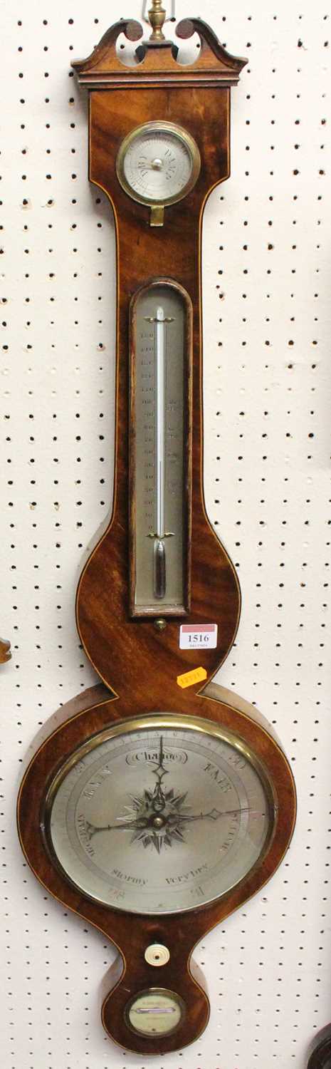 An early 19th century mahogany and inlaid four-dial wheel barometer, unsigned, h.94cm