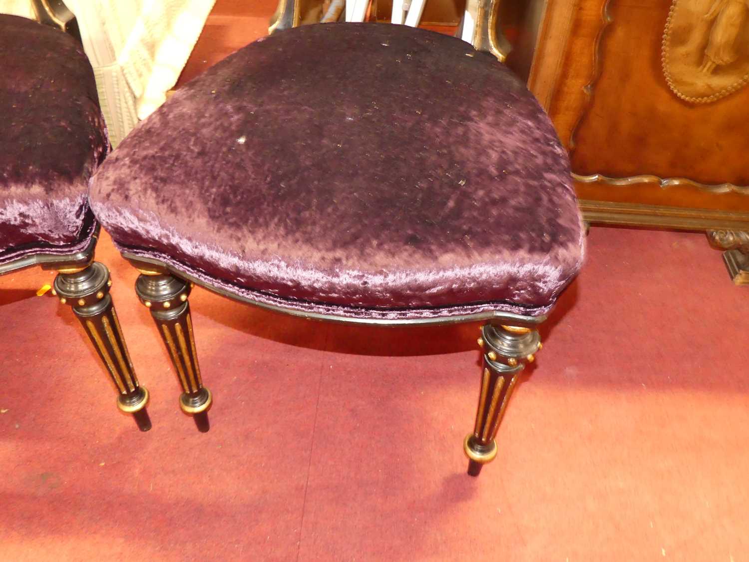 A set of four mid-Victorian ebonised and gilt decorated salon side chairs, having plush purple - Image 4 of 4