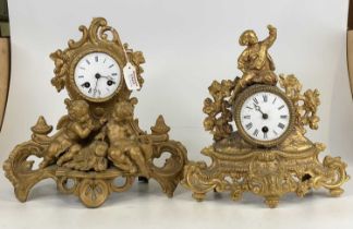 A late 19th century French gilt metal mantel clock, the case adorned with twin cherubs having