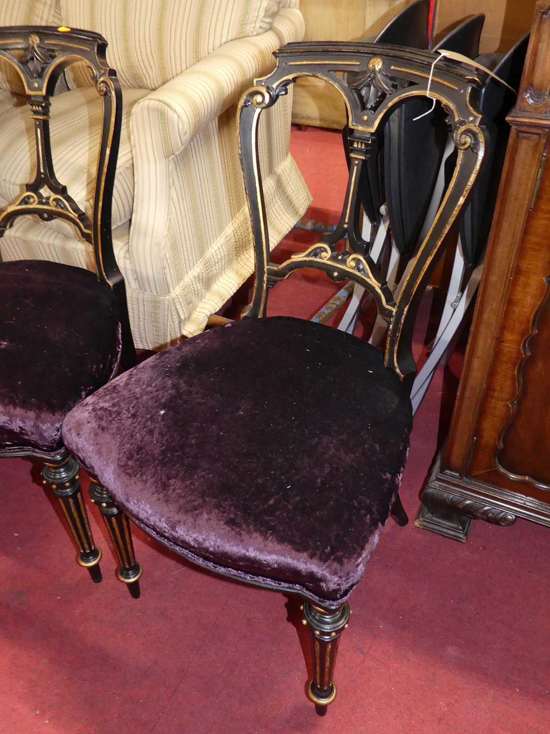 A set of four mid-Victorian ebonised and gilt decorated salon side chairs, having plush purple - Image 2 of 4