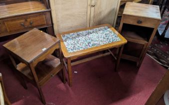 A 19th century mahogany square two-tier wash stand, width 34cm, together with an oak and tiled inset
