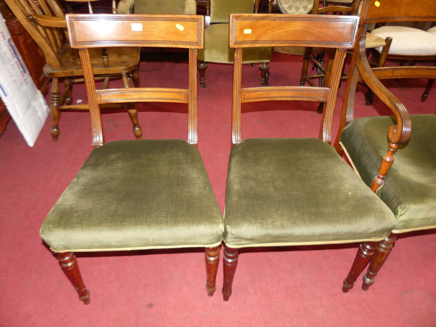 A set of six 19th century mahogany barback dining chairs, having reeded detail and green fabric - Image 2 of 3