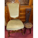 A 19th century Italian walnut high-backed single hall chair, having green dralon upholstered back