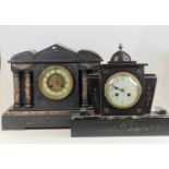 A late 19th century slate mantel clock of architectural outline, having eight-day brass cylinder