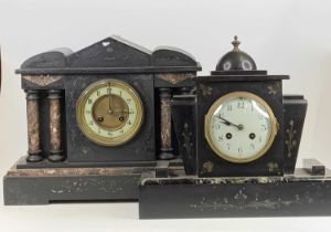 A late 19th century slate mantel clock of architectural outline, having eight-day brass cylinder