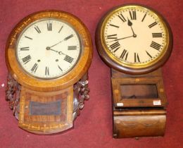 A late 19th century American walnut and inlaid droptrunk wall clock, h.62cm; together with one other