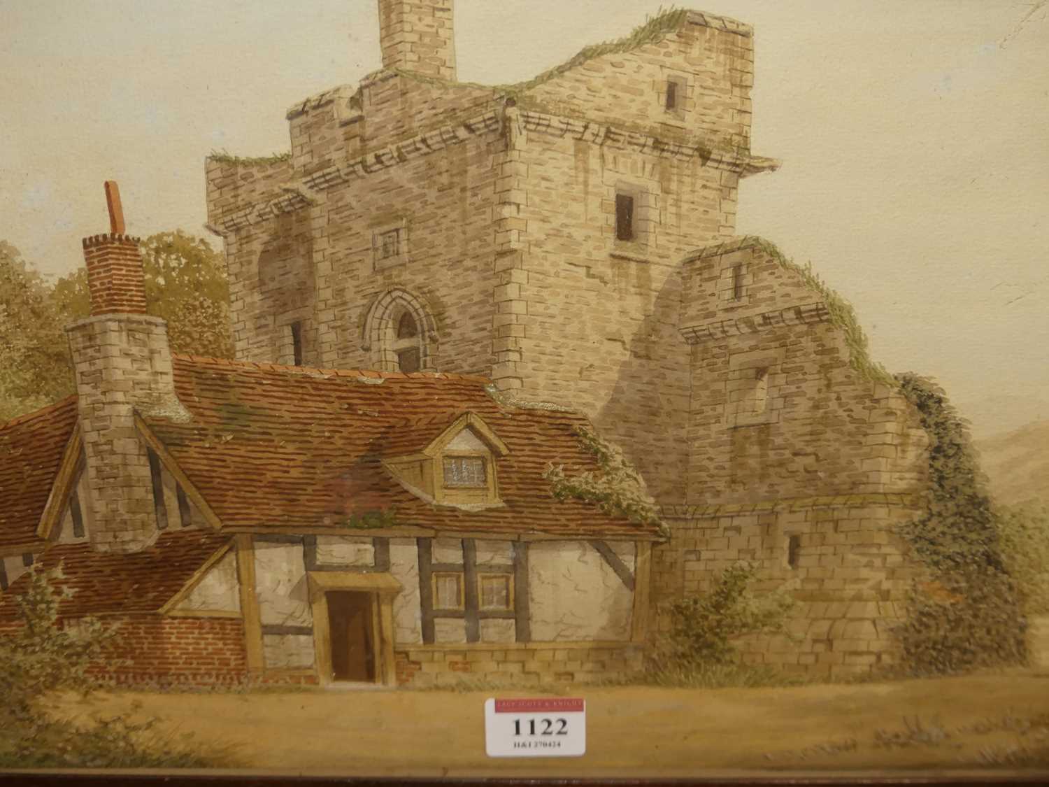 Circa 1900 Engish school - Timbered house with Abbey ruins, watercolour, signed with monogram - Image 2 of 3