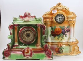 An early 20th century Staffordshire ceramic mantel clock, with sponged and printed decoration, h.