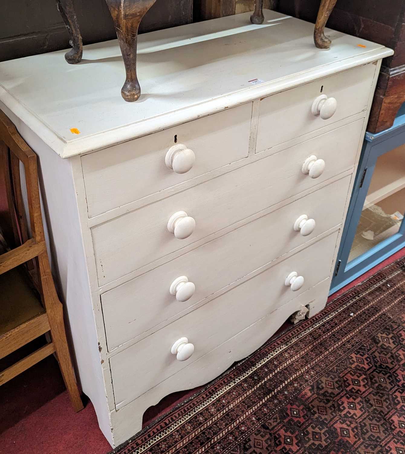 A Victorian and later white painted pine chest of two short over three long graduated drawers, width