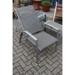 A pair of contemporary metal garden reclining armchairs, with matching foot stools