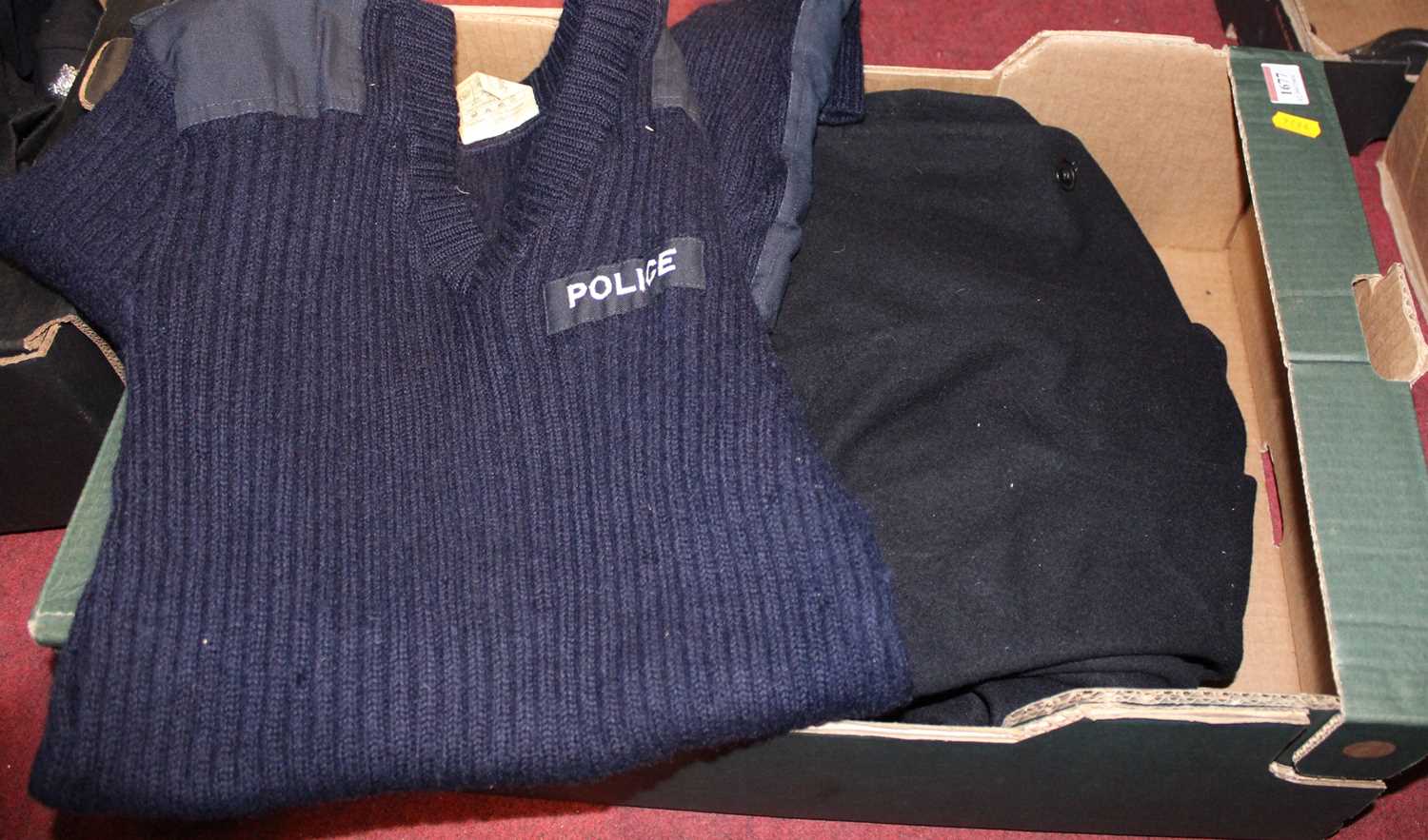 Two boxes of miscellaneous mainly police uniforms, to include cable-knit jumpers etc - Image 2 of 2