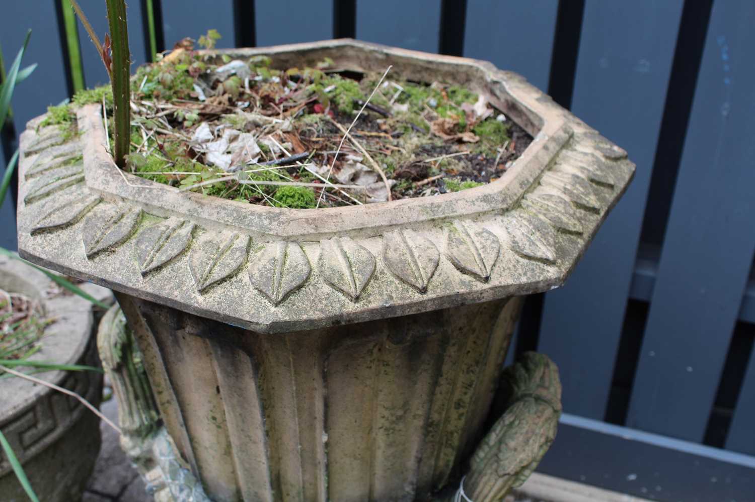 A terracotta twin handled pedestal garden urn, having octagonal top with repeating leaf design, - Image 2 of 4